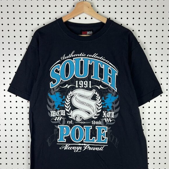 Southpole Y2K Gothic Black T Shirt Size Large Graphic Skater Punk Blue Logo 1991 - Picture 2 of 5